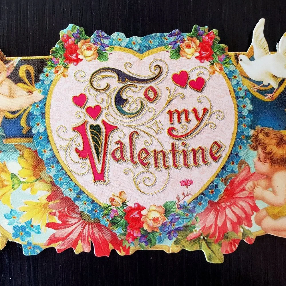 Victorian Girl in Basket, Framed Girl Boy, Cupid Valentine's Day Card Lot of 4